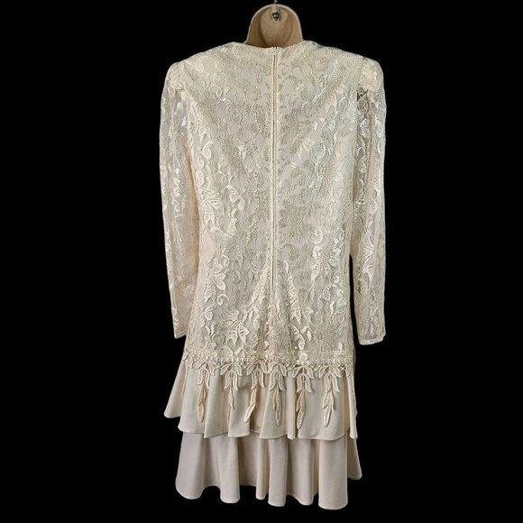 80s David Rose Flapper Party Dress Cream Lace Long Sleeve Shoulder Pads Womens 8 - Picture 4 of 11